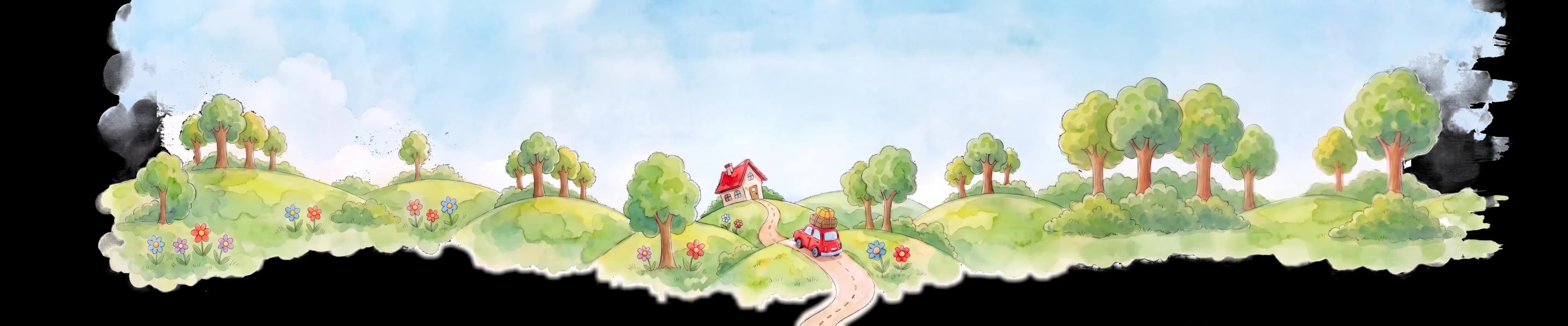 Zomers prentenboek-landschap met een rode auto op weg naar vakantie
