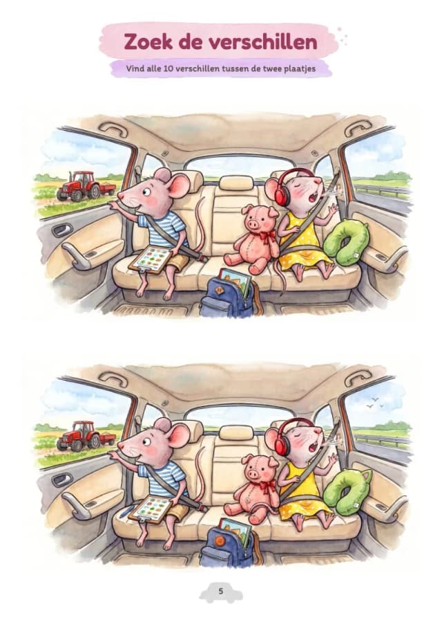 Zoek de verschillen puzzel voor kinderen, voor onderweg in de auto